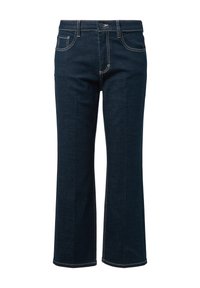 Dunkelblaue Jeans aus Denim mit einem ausgestellten Beinschnitt, ausgestattet mit kontrastierendem gelben Steppnähten, einem Fünf-Taschen-Stil und einem normalen Reißverschluss.