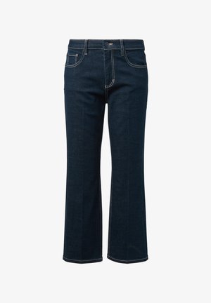 Dark blue denim jeans with a flared leg design, featuring contrasting yellow stitching, a five-pocket style, and a standard zip fly closure.