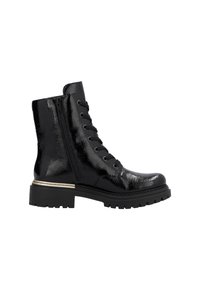 Bottines noires brillantes avec une finition en cuir synthétique, laçage à l'avant, fermeture éclair et semelle robuste avec une bande d'accent dorée.