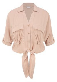 Blusa corta a maniche corte di colore rosa chiaro, con colletto, due tasche sul petto, vita legata e bottoni dorati; tessuto liscio con una vestibilità comoda.