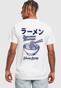 White T-shirt featuring a blue graphic of a ramen bowl with noodles and eggs, text in Japanese, "Japanese Ramen," and "Slurp Away."