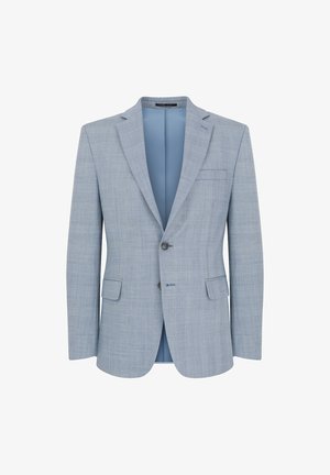 Jasnoniebieski blazer o fakturowanym wzorze, jednorzędowy, z klapami, dwoma przednimi kieszeniami i kontrastowym wnętrzem.