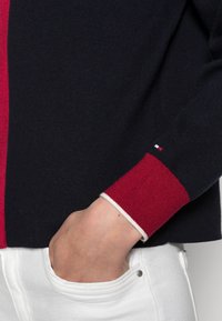 Hand in einer weißen Hose steckt, während der Ärmel eines marineblauen Pullovers mit rotem und weißem Bündchen sowie einem kleinen rot, weiß und blau gestreiften Fähnchen versehen ist.