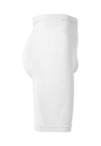 Weiße Sport-Kompressionsshorts aus dehnbarem Material, mit strukturiertem Design an den Seiten und einem elastischen Bund mit Branding.