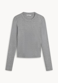 Szara bluzka z długim rękawem, wykonana z miękkiego materiału, z okrągłym dekoltem i lekko skróconym fasonem, o gładkiej, jednorodnej teksturze.