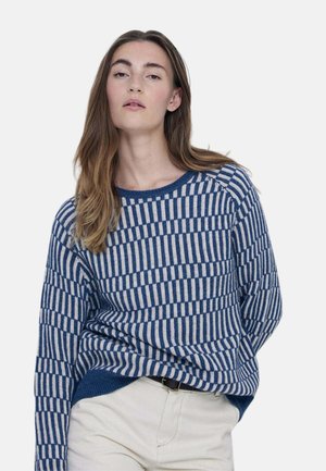 Joven mujer con cabello largo y castaño que lleva un suéter de punto azul y beige con estampado y pantalones de color claro sobre un fondo liso.
