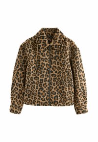 Jakke med leopardprint, lynlås, krave, lange ærmer og to frontlommer, lavet af blødt tekstureret stof.