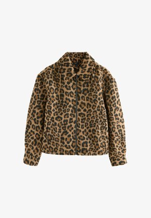 Veste zippée en imprimé léopard avec col, manches longues et deux poches avant, fabriquée dans un tissu texturé doux.