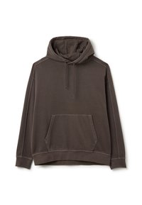 Hoodie marrone scuro realizzato in tessuto morbido, con una grande tasca frontale, cappuccio con cordino regolabile e polsini a coste. Texture liscia.
