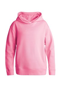 Růžová mikina vyrobená z měkké tkaniny, s přední kapsou ve stylu klokanky, žebrovanými manžetami a klasickou kapucí na šňůrku. Žádné viditelné logo.