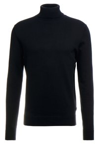 Schwarzer Rollkragenpullover aus glattem Strickstoff, mit langen Ärmeln und gerippten Bündchen und Saum für eine körpernahe Passform.