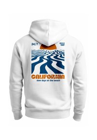 White hoodie featuring a graphic print of waves and a sun in blue and orange, with text "CALIFORNIA" and "slow days at the beach."
