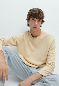 Light beige crew-neck sweater in soft fabric, paired with light gray jeans. Casual fit with ribbed cuffs and a clean design.