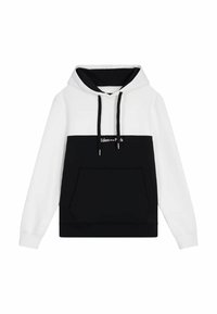 Sweat à capuche en blanc et noir ; comporte une poche avant, des cordons de serrage et un logo sur la poitrine en lettres blanches.