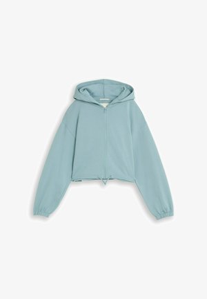 Sweat à capuche court bleu clair avec fermeture éclair à l'avant, manches longues, poignets élastiques et capuche, présenté à plat sur fond blanc.