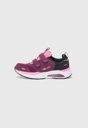 Purple and pink athletic shoes with mesh upper, two Velcro straps, and white midsole; features black accents and a pull tab at the back.