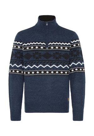 Tumši zils vilnas džemperis ar augstu apkakli, puscietu aizdari un ģeometriskām dizainiem melnā, baltā un gaiši zila krāsā krūšu daļā.