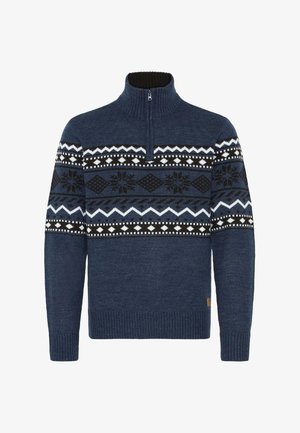 Tumesinine villane sviiter kõrge krae, pool-krõpsuga ja geomeetriliste mustritega mustas, valges ja helesinises värvitoonis rinnaosa ulatuses.