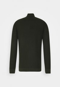 Maglione a maniche lunghe di colore verde scuro, lavorato a maglia, con colletto alto a coste, polsini e orlo, mostrato dal retro su uno sfondo bianco semplice.