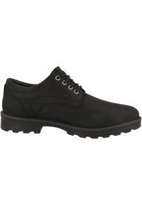 Scarpa da uomo in pelle nera con superficie liscia, chiusura con lacci, occhielli in metallo e suola in gomma pattern per miglior grip.