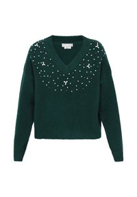 Zöld kötött pulóver V kivágással, fehér és fekete díszgombokkal díszítve. Laza szabású és bordás mandzsettákkal.