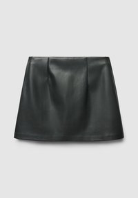 Gonna mini nera in pelle con una texture liscia, design plissettato sul davanti e una silhouette dritta. Senza hardware visibili o decorazioni.