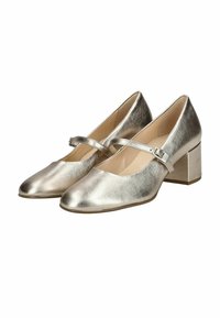 Scarpe Mary Jane metalliche argento con punta arrotondata, tacco a blocco di altezza media e cinturino con fibbia sopra il collo del piede. Finitura testurizzata.