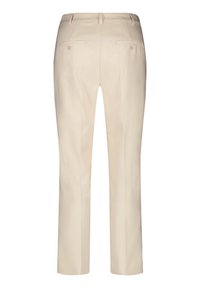 Beige maßgeschneiderte Hose mit geradem Bein und weicher Textur, ausgestattet mit zwei Gesäßtaschen mit Knöpfen und einem glatten Bund.