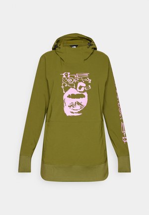 Oliwkowa bluza z kapturem z różowym nadrukiem graficznym, na którym znajduje się tekst i twarz. Zawiera kaptur, długie rękawy oraz kieszeń kangurka.
