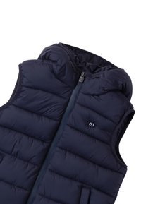 Marineblauer gepolsterter Weste mit Kapuze, ausgestattet mit einem Frontreißverschluss, Taschen an der Seite und einem Logo. Aus einem glatten, leichten Material gefertigt.