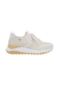 Sport sneakers with a cream-colored mesh upper, soft gray accents, and a textured tan outsole. Features a lace-up design and logo detail.