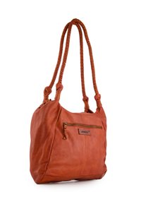 Braune Leder-Tote mit einem lässigen Design, geflochtenen Griffen und einer vorderen Reißverschlusstasche. Hat ein Logo-Patch und eine glatte Textur.