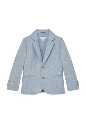 Hellblauer einreihiger Blazer mit Revers mit Kerbe, zwei Vordertaschen, zwei Knöpfen und vier Knöpfen an jedem Ärmel.