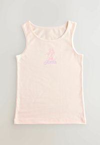 Helles rosa Tanktop aus weicher Baumwolle. Verfügt über einen kleinen Druck eines Charakters mit dem Namen "ANNA" darunter.