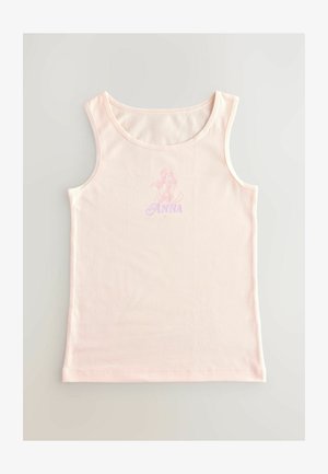 Top de culoare roz deschis, realizat din bumbac moale. Prezintă o mică grafică imprimată a unui personaj și numele "ANNA" dedesubt.