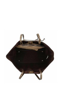 Bruine suède schoudertas met gestreepte tan leren hengsels. Het interieur heeft een ritsvak en een contrasterende lichte stofvoering.