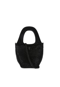 Borsa a tracolla nera con superficie testurizzata e borchie in rilievo, manico rotondo e tracolla a catena rimovibile. Include una chiusura a bottone frontale.