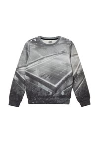 Grijze sweatshirt met een grote monochrome grafiek van een voetbalstadion, met zichtbare publiekdetails en een logo-ontwerp onderaan.