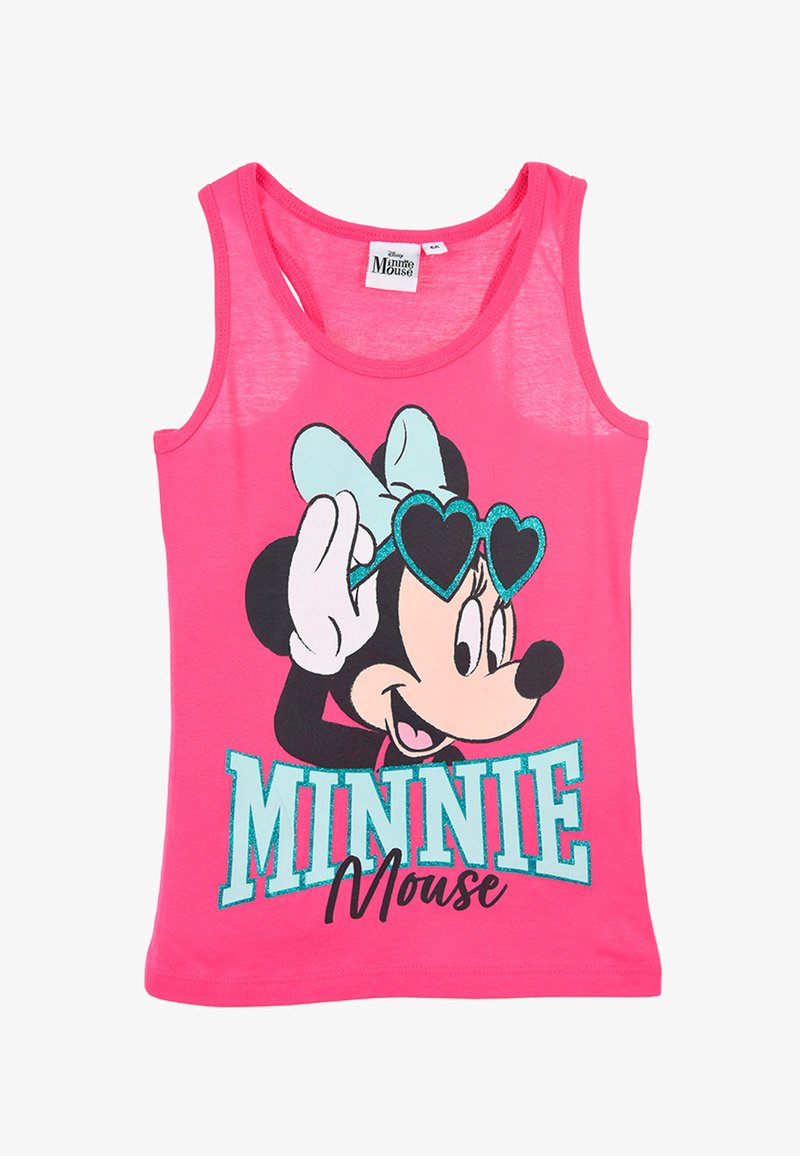 Rosa Baumwolltanktop mit einem Grafikdesign eines Charakters, der herzförmige Sonnenbrillen trägt, und dem Text "MINNIE Mouse" in Blau und Schwarz.