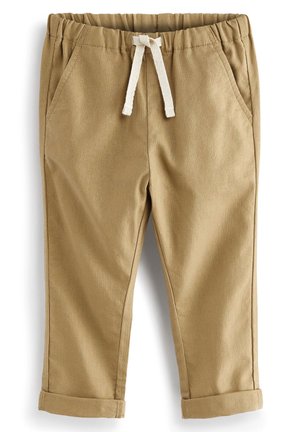 Pantalones beige para niño pequeño con cintura elástica, cordón blanco, bolsillos laterales y puños doblados.
