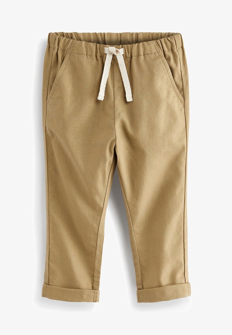 Pantalon beige pour tout-petit avec taille élastique, cordon de serrage blanc, poches latérales et revers roulés.