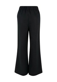 Pantalon large noir à taille élastique, tissu lisse, vu de face sur fond blanc.