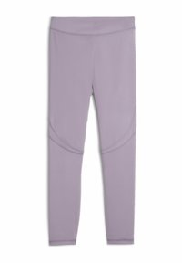 Violet sporta leggins, izgatavoti no elastīga auduma, ar izliekta šuvju dizainu un platu jostu ērtībām.
