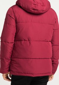 Rød pufferjakke med hætte, med quiltede sektioner, glat overflade og elastiske manchetter. Designet til varme med en afslappet pasform.