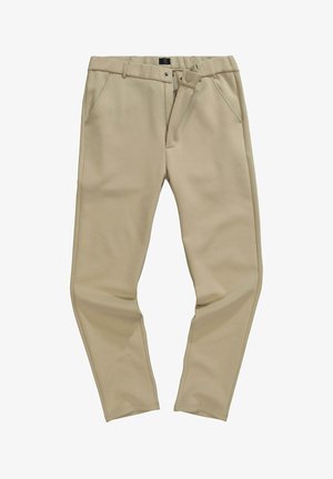 Beige Hosen aus weichem Stoff mit taillierter Passform. Verfügt über Fronttaschen, einen Knopfverschluss und sichtbare Nähdetails.