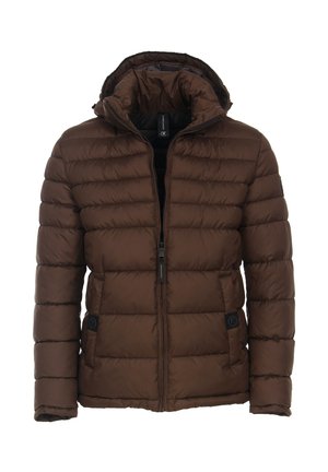Braune Pufferjacke mit Reißverschlussfront, Kapuze und gestepptem Design. Verfügt über zwei Seitentaschen und ein Logo-Patch am linken Ärmel.