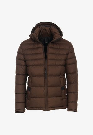 Braune Pufferjacke mit Reißverschlussfront, Kapuze und gestepptem Design. Verfügt über zwei Seitentaschen und ein Logo-Patch am linken Ärmel.