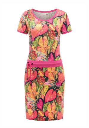 Vestito aderente a maniche corte con rifiniture rosa, stampa di foglie tropicali in tonalità di verde, giallo, arancione e rosa, e cintura a coulisse rosa.