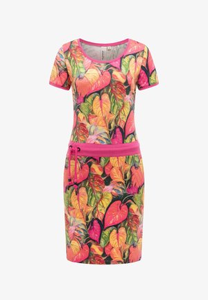 Dopasowana sukienka z krótkim rękawem, ozdobiona różowym obszyciem, z tropikalnym nadrukiem liści w odcieniach zieleni, żółci, pomarańczy i różu oraz różowym paskiem ze ściągaczem.