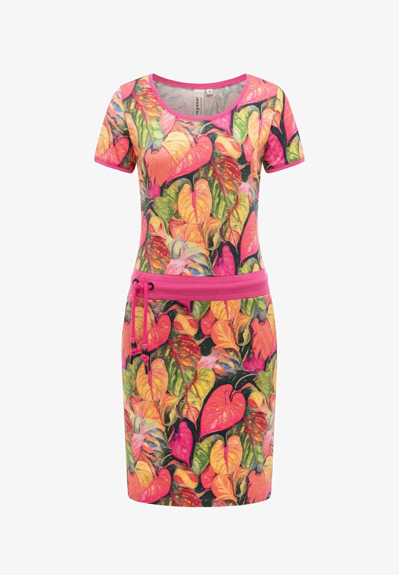 Dopasowana sukienka z krótkim rękawem, ozdobiona różowym obszyciem, z tropikalnym nadrukiem liści w odcieniach zieleni, żółci, pomarańczy i różu oraz różowym paskiem ze ściągaczem.